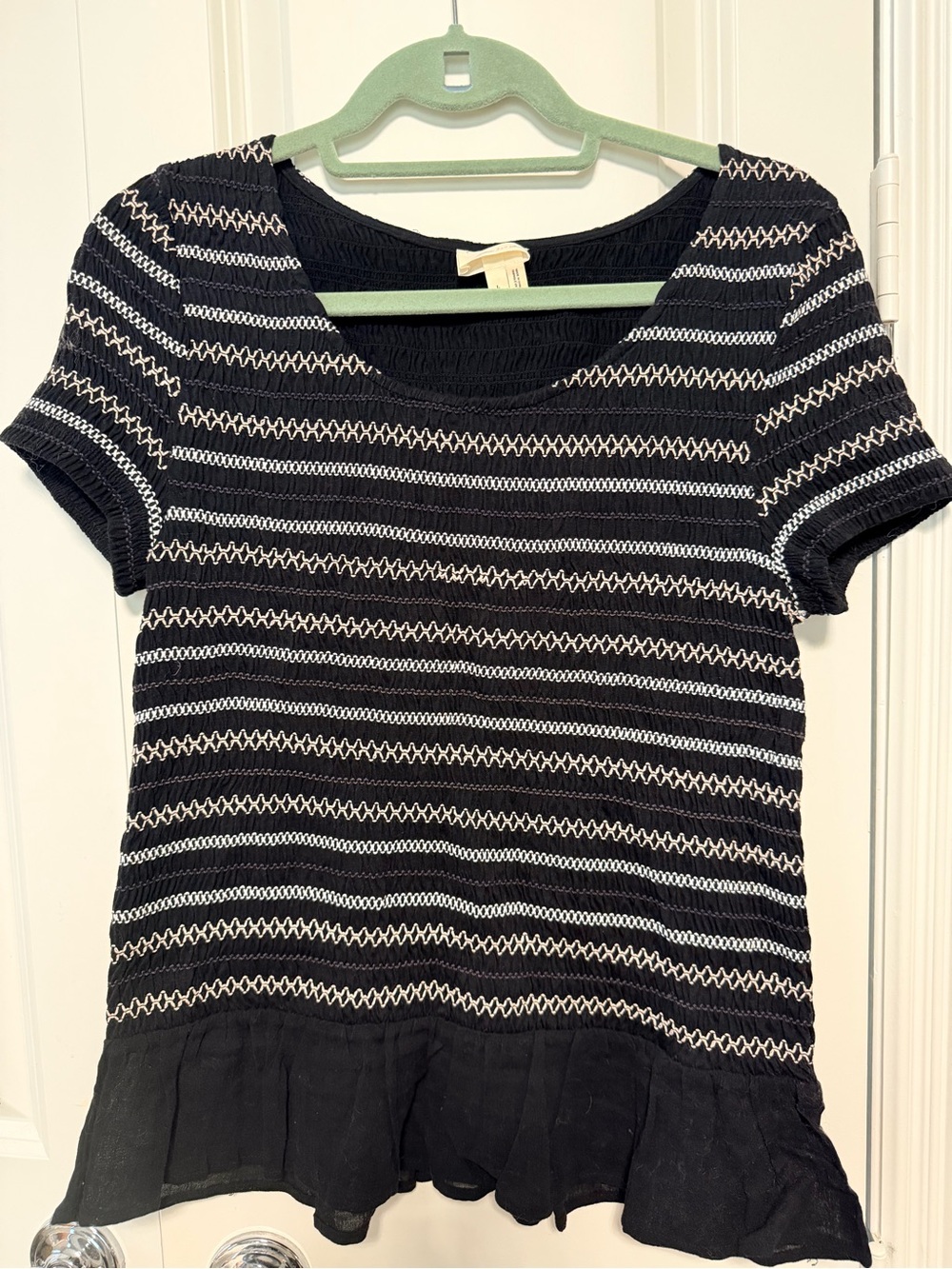 Meadow Rue Anthropologie Black Smocked Striped Peplum Top Sz L